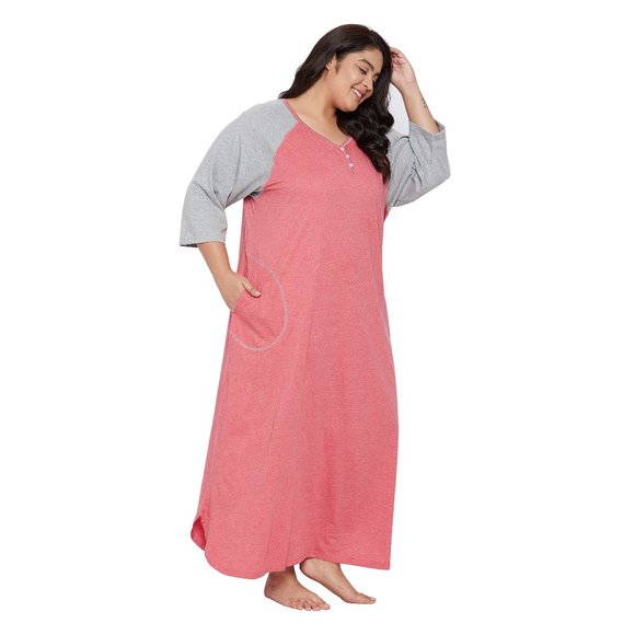 Gypsie Blu Women Red and Gray Nightgown Long Sleeve Jersey and Polycotton Maxi - Picture 3 of 7